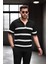 Yarım Fermuar Çizgili Oversize Triko T-Shirt - Siyah 1
