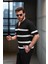 Yarım Fermuar Çizgili Oversize Triko T-Shirt - Siyah 3