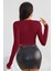 Kadın Bordo Uzun Kol Kare Yaka Crop Top Bluz 2