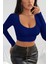 Kadın Mavi Uzun Kol Kare Yaka Crop Top Bluz 1