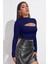 Kadın Lacivert Göğüs Dekolteli Uzun Kollu Cut Out Crop Top Bluz 2