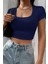 Kadın Lacivert Yarım Kol Düz Yaka Crop Top Bluz 5