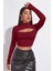 Kadın Bordo Göğüs Dekolteli Uzun Kollu Cut Out Crop Top Bluz 1