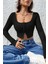 Kadın Siyah Uzun Kollu Agraflı Göğüs ve Göbek Dekolteli Crop Top Bluz 5