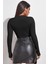 Kadın Siyah Göğüs Dekolteli Uzun Kollu Cut Out Crop Top Bluz 2