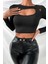 Kadın Siyah Göğüs Dekolteli Çapraz Askılı Uzun Kollu Crop Top Bluz 4