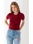 Kadın Bisiklet Yaka A Aksesuarlı Crop T-Shirt Bordo - 25792 1