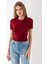 Kadın Bisiklet Yaka A Aksesuarlı Crop T-Shirt Bordo - 25792 2
