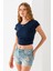 Kadın Bisiklet Yaka Fiyonk Aksesuarlı Crop T-Shirt Lacivert - 25805 3