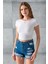 Kadın Bisiklet Yaka Fiyonk Aksesuarlı Crop T-Shirt Beyaz - 25805 4