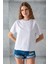 Kadın Bisiklet Yaka Taş Baskılı Pamuklu T-Shirt Beyaz - 925023 3