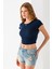 Kadın Bisiklet Yaka Fiyonk Aksesuarlı Crop T-Shirt Lacivert - 25805 7