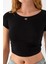 Kadın Bisiklet Yaka Fiyonk Aksesuarlı Crop T-Shirt Siyah - 25805 6