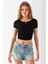 Kadın Bisiklet Yaka Fiyonk Aksesuarlı Crop T-Shirt Siyah - 25805 7