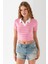 Kadın Polo Yaka Çizgili Pamuklu T-Shirt Pembe Beyaz - 25795 6