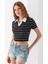 Kadın Polo Yaka Çizgili Pamuklu T-Shirt Siyah Beyaz - 25795 7