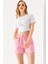Kadın Beli Lastikli Cepli Pis Paça Kısa Şort Pembe - 25YP 5322 8