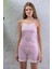 Kadın Askılı Şortlu Dantel Detaylı Çizgili Pijama Takımı Pembe Beyaz - 2031 3