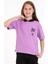 Kapüşonlu Kısa Kol Baskılı Lila Renk Kız Çocuk Tshirt 1