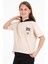 Kapüşonlu Kısa Kol Baskılı Vizon Renk Kız Çocuk Tshirt 3
