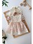 Çiçek Desenli Vintage Fistolu Keten Kız bebe elbise - Krem 1