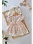 Çiçek Desenli Vintage Fistolu Keten Kız bebe elbise - Krem 2