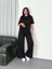 Osy Modal Yumuşak Dokulu Kumaş Bisiklet Yaka T-Shirt Bol Paça Pantalon Ikili Takım -Siyah 4