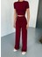Osy Modal Yumuşak Dokulu Kumaş Kısa Kollu Crop Rahat Pantalon Ikili Takım - Bordo 3