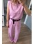 Pembe Vatkalı Kolsuz Keten Bluz Pantolon Takım 2