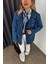 Mavi Asimetrik Kesim Düğmeli Kot Ceket 4