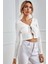 Kadın Beyaz Uzun Kollu Önden Bağlama Detaylı Crop Top Bluz 4