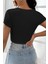 Kadın Siyah Yarım Kol Düz Yaka Crop Top Bluz 2