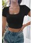 Kadın Siyah Yarım Kol Düz Yaka Crop Top Bluz 3