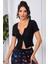 Kadın Siyah Çift Fermuarlı Yarım Kol Crop Top Bluz 4
