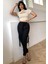Kadın Ekru Göğüs Dekolteli Yarım Kollu Cut Out Crop Top Bluz 3