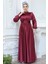 Saten Bordo Tesettür Abiye Elbise 23821BR 2