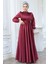 Saten Bordo Tesettür Abiye Elbise 23821BR 3