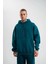 Unisex Double Oversize Kapşonlu Basic Sweatshirt - Koyu Deniz Yeşili 5