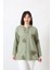 B-0158 Kolu Apoletli Gold Simli Işlemeli Desenli Keten Kadın Büyük Beden Mint Yeşili Gömlek 1