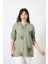 B-0158 Kolu Apoletli Gold Simli Işlemeli Desenli Keten Kadın Büyük Beden Mint Yeşili Gömlek 3