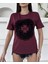 Kadın Oversize Kalıp Baskılı Bordo Yarım Kol T-Shirt 2