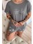 Gri Smile Everyday Desenli Bambu Kısa Kol Kadın Şortlu Pijama Takımı 5