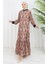 Şifon Kumaş Yaprak Desenli Elbise 0054-04 Vizon 2