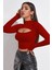 Kadın Kırmızı Göğüs Dekolteli Uzun Kollu Cut Out Crop Top Bluz 5