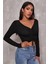 Kadın Siyah Uzun Kollu Büzdürme Bağcık Detaylı Crop Top Bluz 3