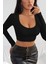 Kadın Siyah Uzun Kol Kare Yaka Crop Top Bluz 2