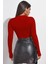 Kadın Kırmızı Göğüs Dekolteli Uzun Kollu Cut Out Crop Top Bluz 1