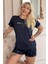 Lacivert Stay Positive Desenli Bambu Kısa Kol Kadın Şortlu Pijama Takımı 1