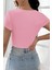 Kadın Pembe Yarım Kol Düz Yaka Crop Top Bluz 1