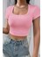 Kadın Pembe Yarım Kol Düz Yaka Crop Top Bluz 2